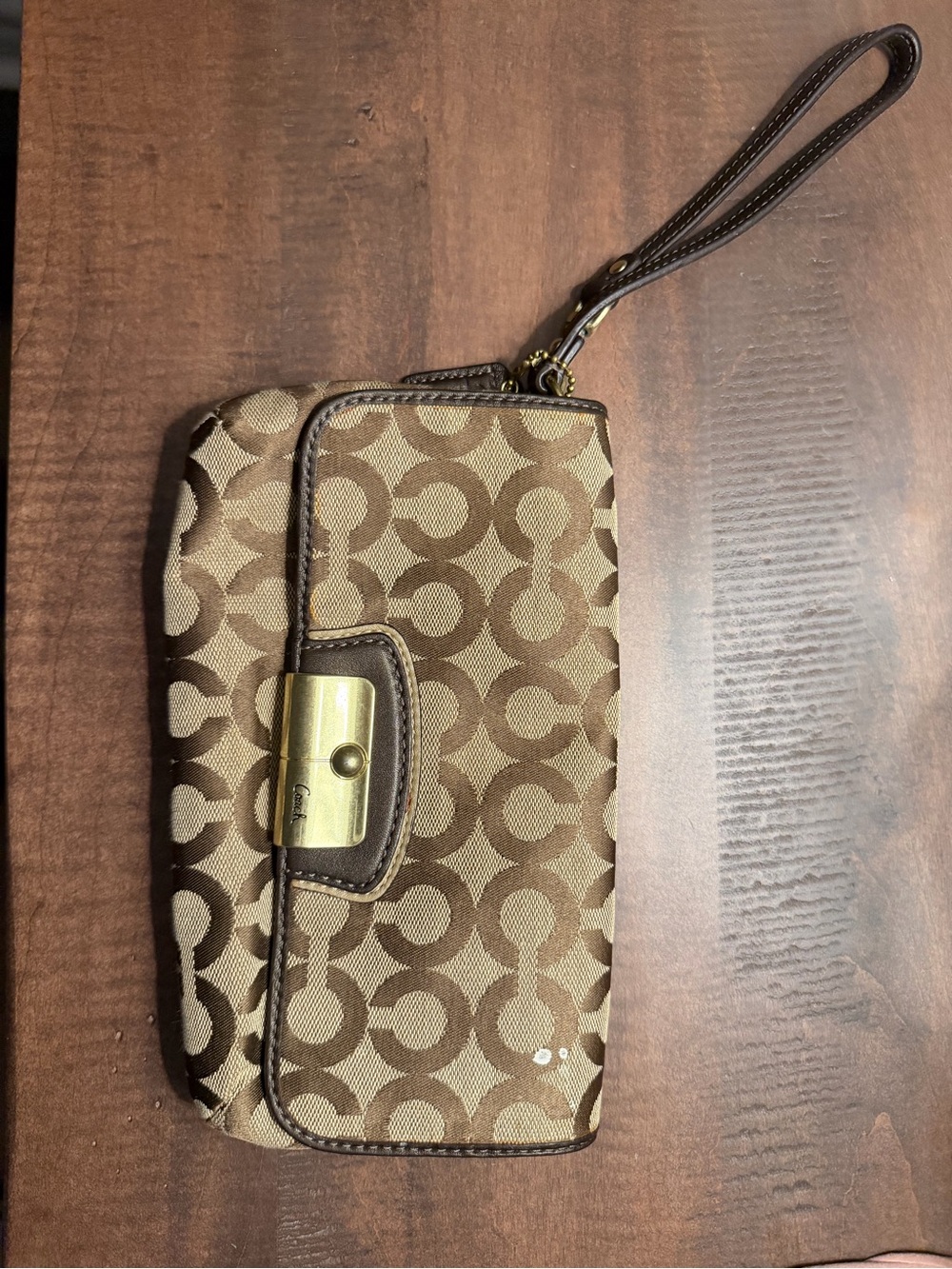 Coach Tan and Brown Signature Wristlet Clutch